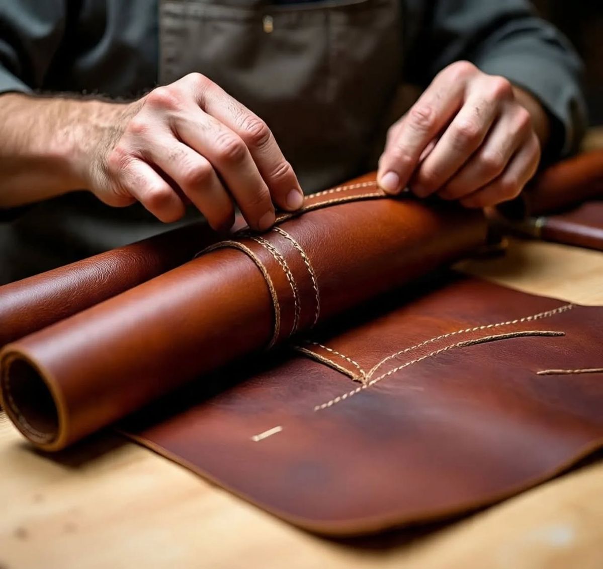 Artisan hand stitching leather